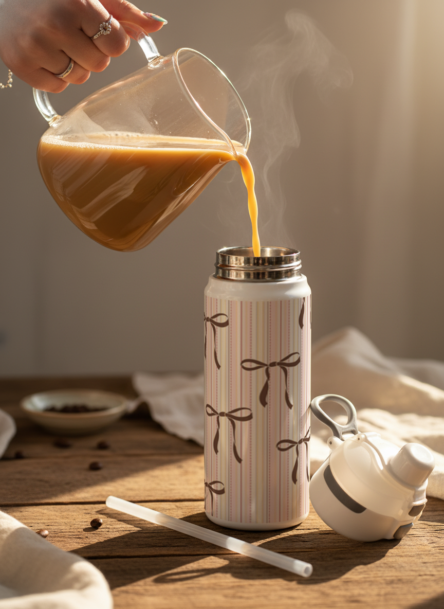 Lumi Insulated Premium Water Bottle 650ml – Soft Stripes & Bows Print | 12+ Hours Hot & Cold | 2-Way Lid