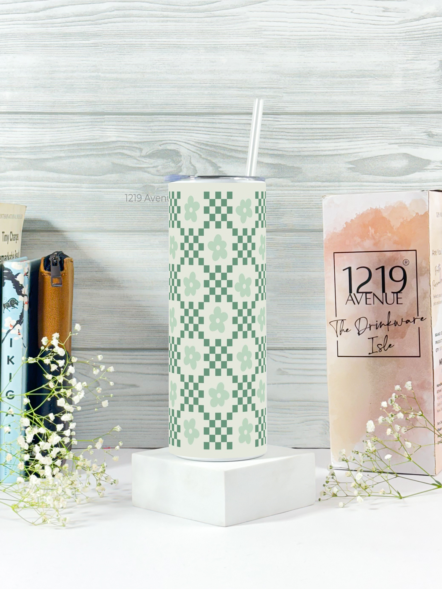 Colossal Tumbler 750ML with silicon straw| Soft Sage Grids Print |Double Walled Insulated Tumbler