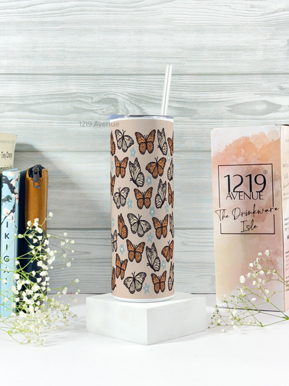 Colossal Tumbler 750ML with silicon straw| Chic Flutter Fantasy Print |Double Walled Insulated Tumbler