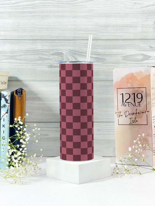 Colossal Tumbler 750ML with silicon straw| Mauve Glaze Checks Print |Double Walled Insulated Tumbler)