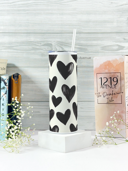Colossal Tumbler 700ML with Silicon Straw | Bouji Black Hearts Print |Double Walled Insulated Tumbler 7-8 hrs