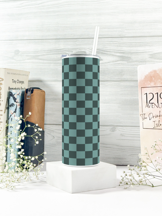 Colossal Tumbler 750ML with silicon straw| Green Glaze Checks Print |Double Walled Insulated Tumbler