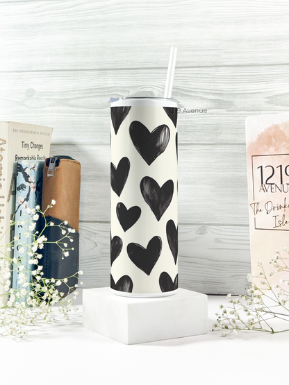 Colossal Tumbler 700ML with Silicon Straw | Bouji Black Hearts Print |Double Walled Insulated Tumbler 7-8 hrs