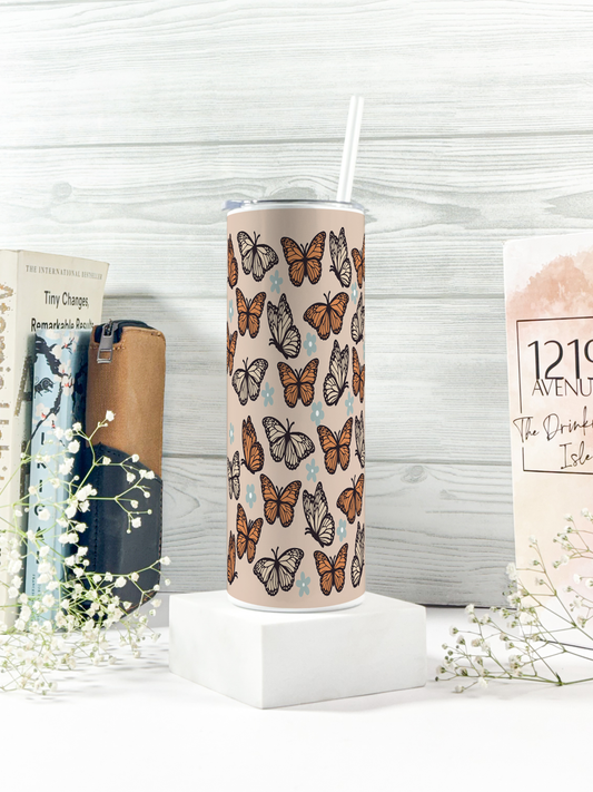 Colossal Tumbler 750ML with silicon straw| Chic Flutter Fantasy Print |Double Walled Insulated Tumbler