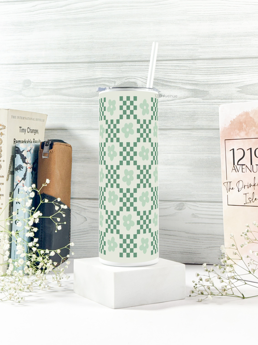 Colossal Tumbler 750ML with silicon straw| Soft Sage Grids Print |Double Walled Insulated Tumbler