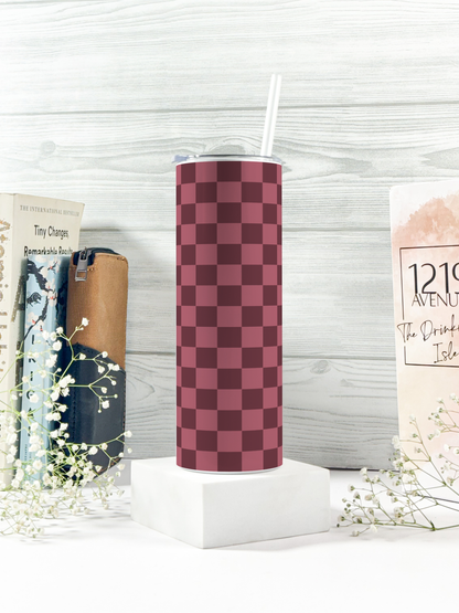 Colossal Tumbler 750ML with silicon straw| Mauve Glaze Checks Print |Double Walled Insulated Tumbler)