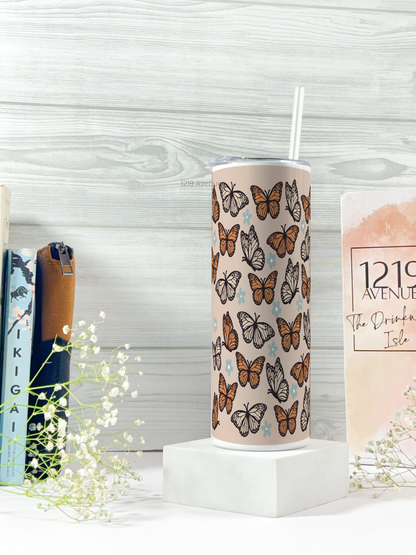 Colossal Tumbler 750ML with silicon straw| Chic Flutter Fantasy Print |Double Walled Insulated Tumbler