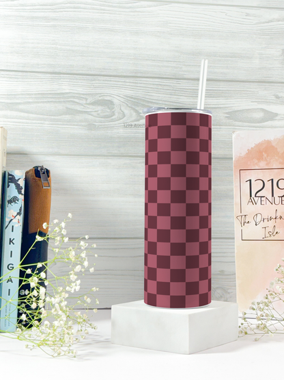 Colossal Tumbler 750ML with silicon straw| Mauve Glaze Checks Print |Double Walled Insulated Tumbler)