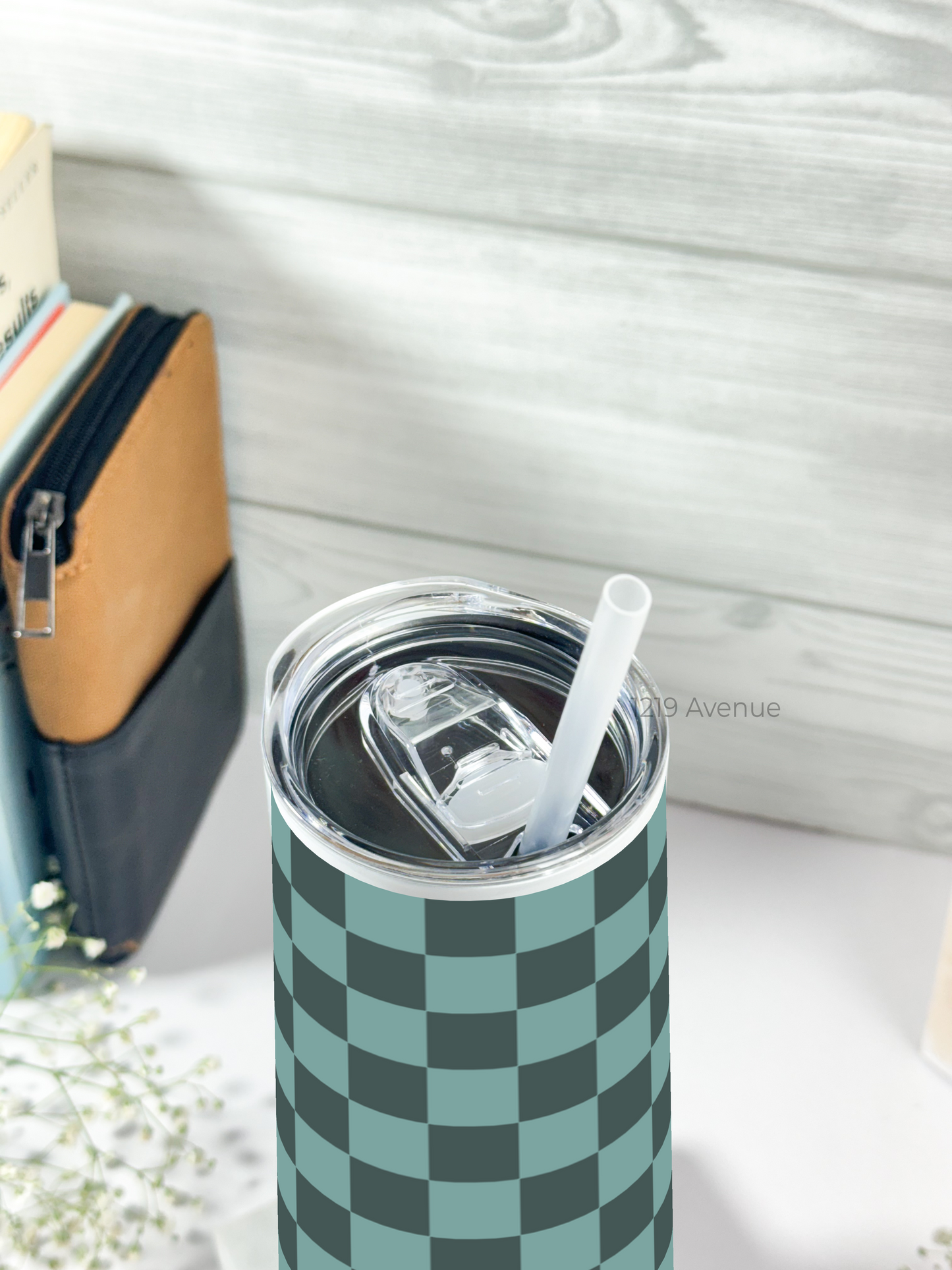 Colossal Tumbler 750ML with silicon straw| Green Glaze Checks Print |Double Walled Insulated Tumbler