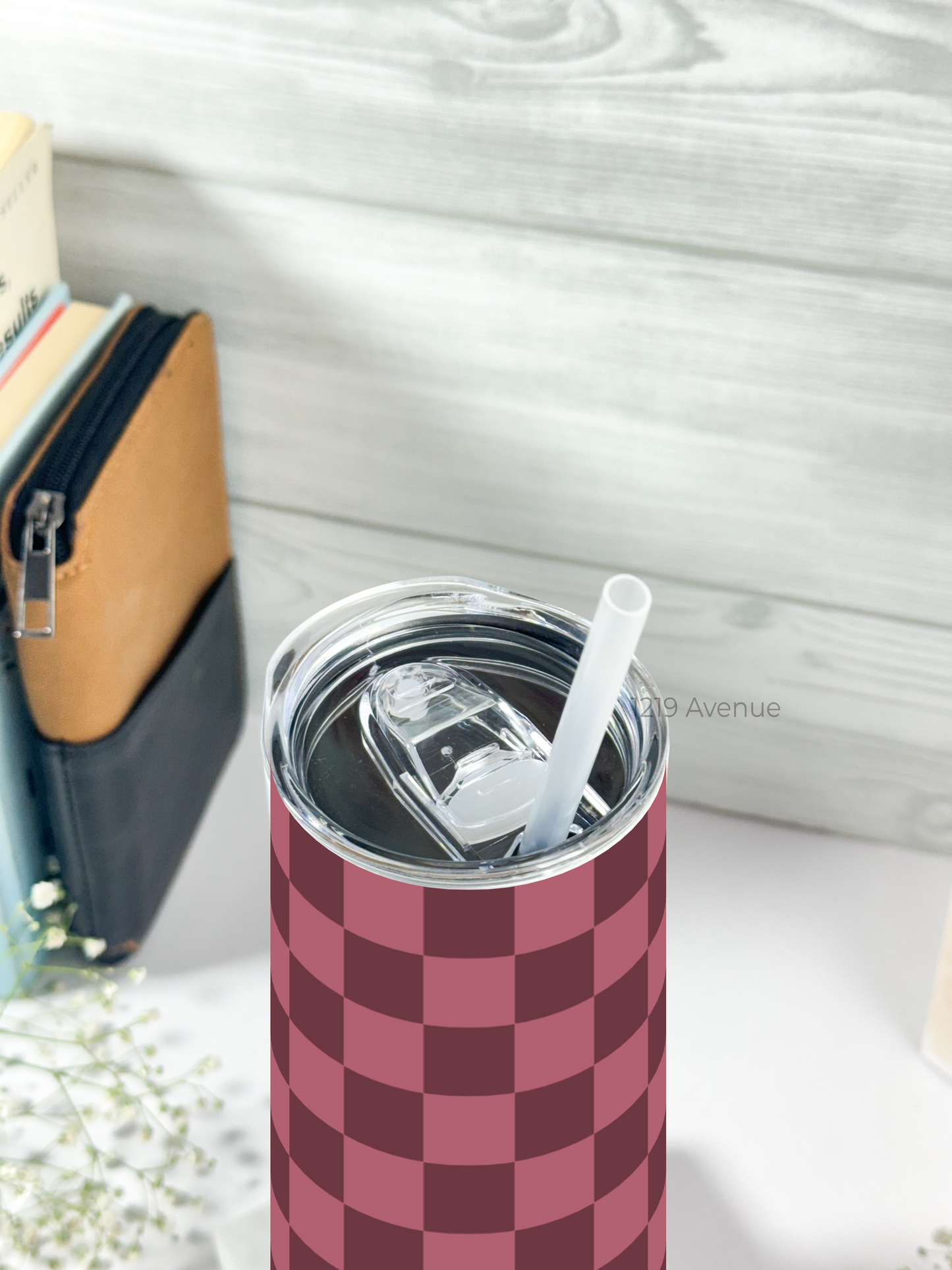 Colossal Tumbler 750ML with silicon straw| Mauve Glaze Checks Print |Double Walled Insulated Tumbler)