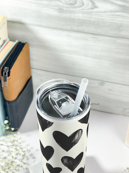 Colossal Tumbler 700ML with Silicon Straw | Bouji Black Hearts Print |Double Walled Insulated Tumbler 7-8 hrs