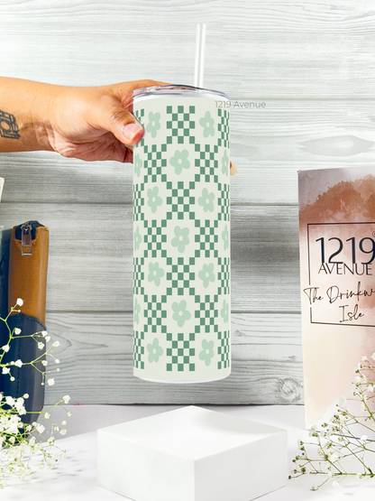 Colossal Tumbler 750ML with silicon straw| Soft Sage Grids Print |Double Walled Insulated Tumbler