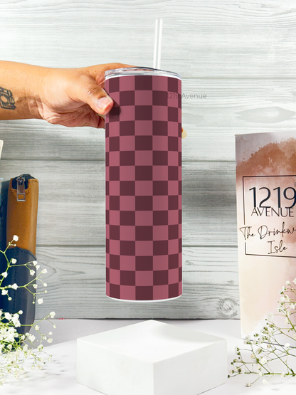 Colossal Tumbler 750ML with silicon straw| Mauve Glaze Checks Print |Double Walled Insulated Tumbler)