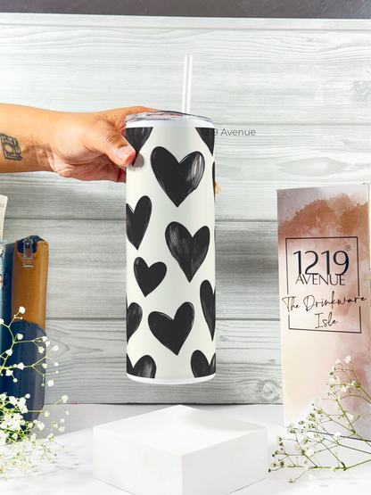 Colossal Tumbler 700ML with Silicon Straw | Bouji Black Hearts Print |Double Walled Insulated Tumbler 7-8 hrs