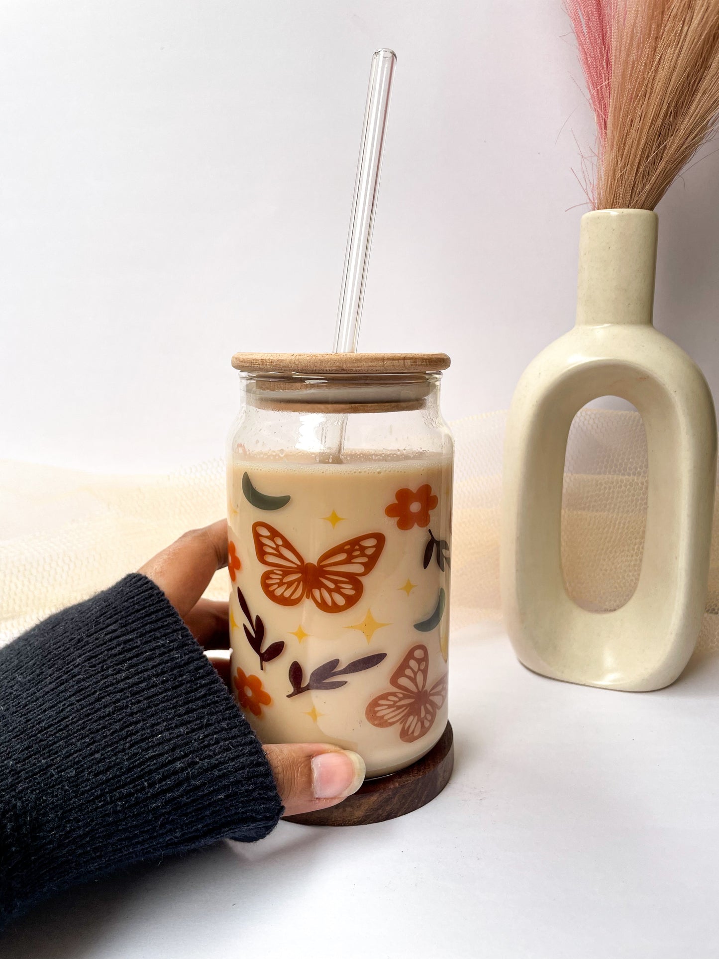 Can Shaped Sipper 500ml| Boho Butterfly All Over Print | 18oz Can Tumbler with lid, straw and coaster.