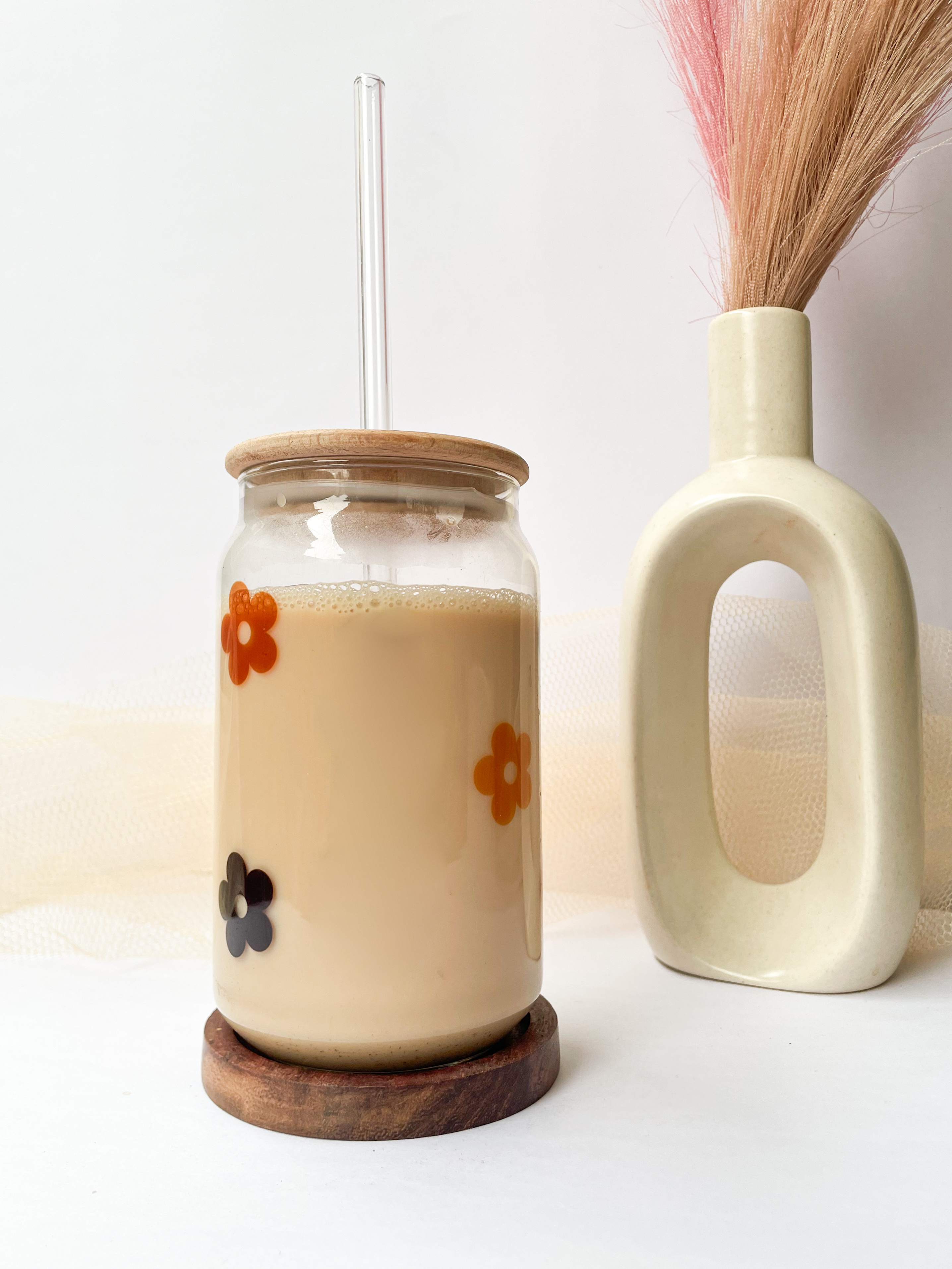 Personalized Clear Can Sipper 500ml| Name With Flowers| Coffee Glass Tumbler with straw and lid 22oz