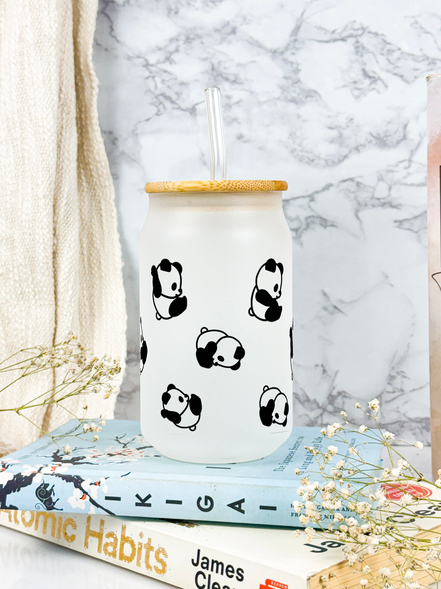 Frosted Can Shaped Sipper 500ml |Panda All Over Print| 17oz Can Tumbler with Straw and Lid