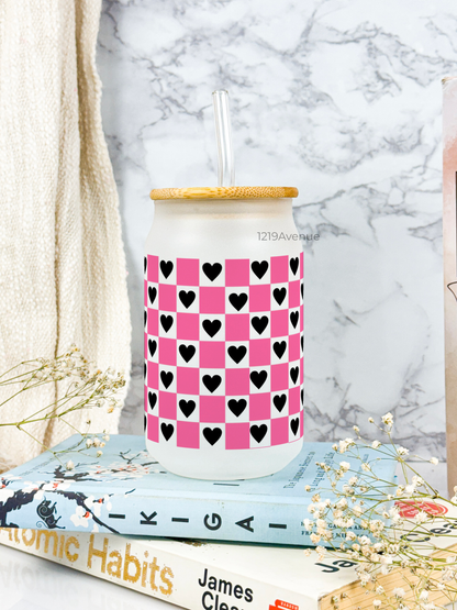 Frosted Can Shaped Sipper 500ml | Checkered Hearts Print| 17oz Can Tumbler with Straw and Lid