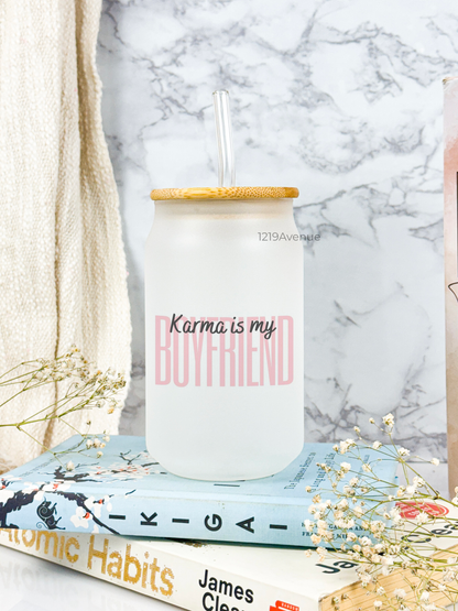 Frosted Can Shaped Sipper 500ml |Karma is my boyfriend Print| 17oz Can Tumbler with Straw and Lid