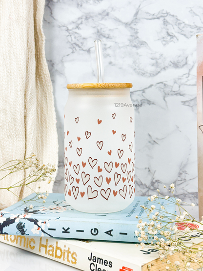 Frosted Can Shaped Sipper 500ml |Confetti Heart Print| 17oz Can Tumbler with Straw and Lid