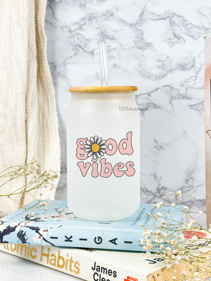 Frosted Can Shaped Sipper 500ml| Good Vibes Print| 17oz Can Tumbler with Lid and Straw