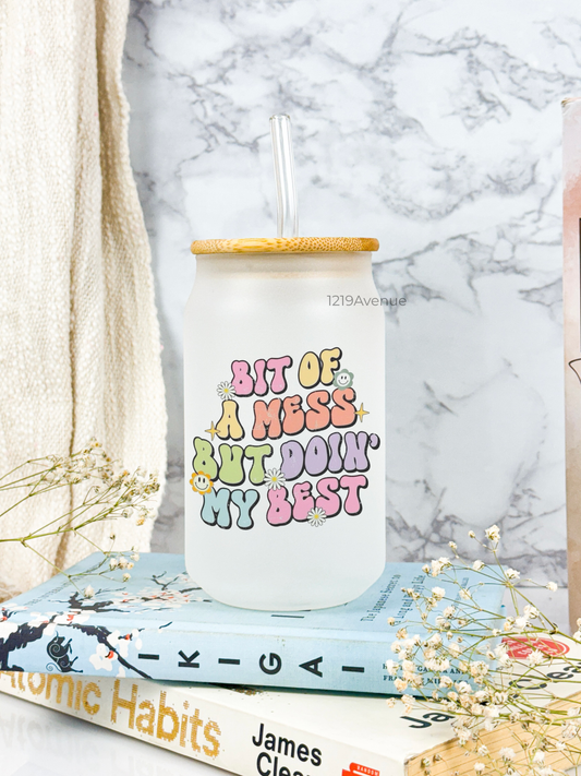 Frosted Can Shaped Sipper 500ml |Bit Of Mess Print| 17oz Can Tumbler with Straw and Lid