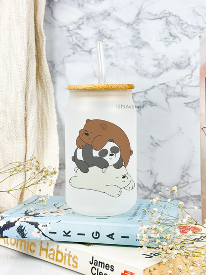 Frosted Can Shaped Sipper 500ml |Bare Bears Print| 17oz Can Tumbler with Straw and Lid