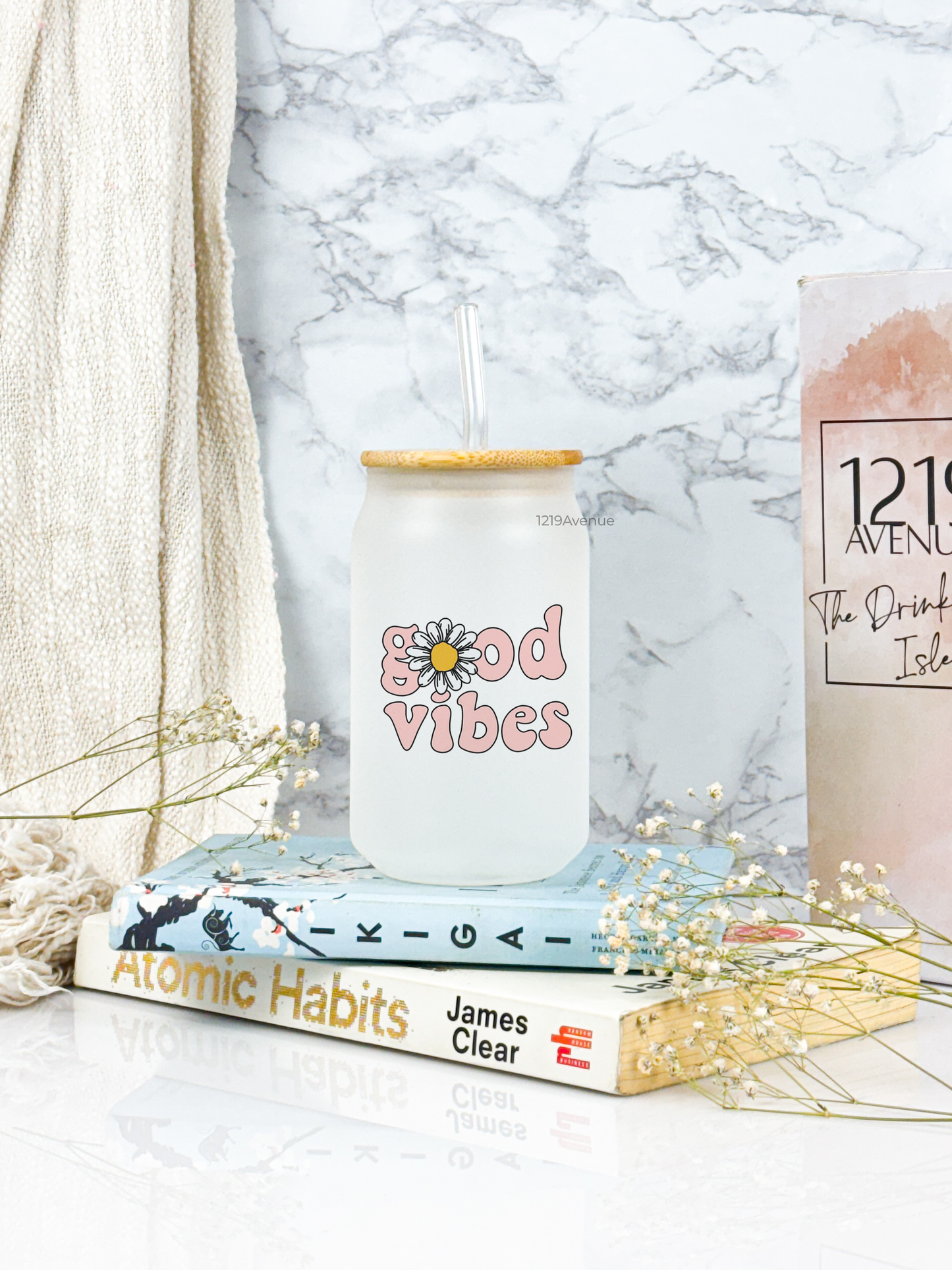 Frosted Can Shaped Sipper 500ml| Good Vibes Print| 17oz Can Tumbler with Lid and Straw