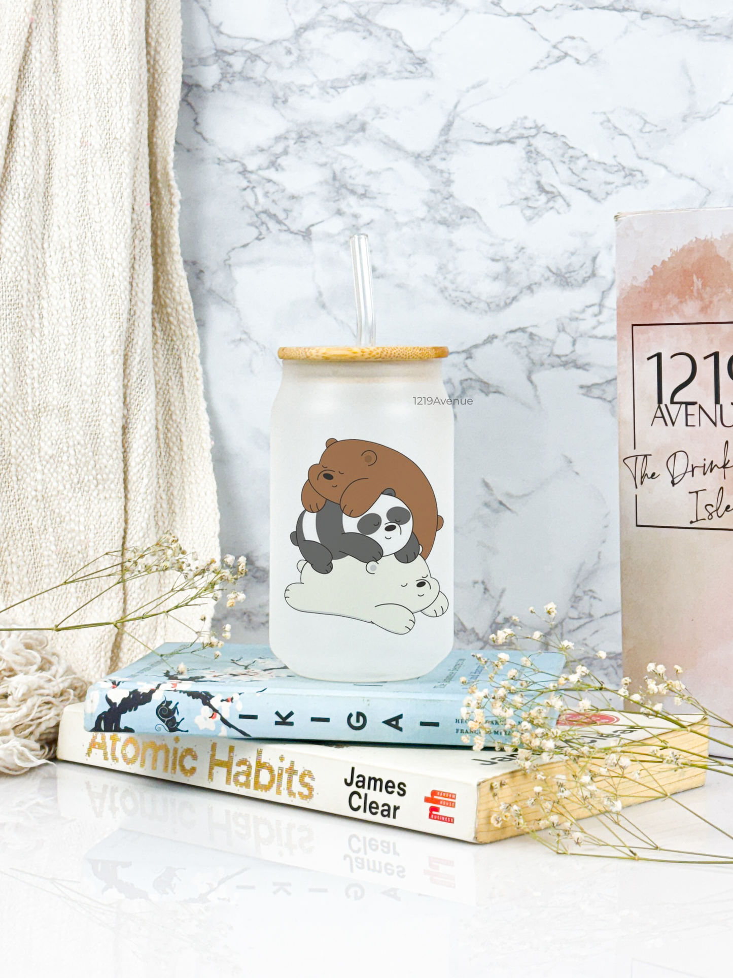 Frosted Can Shaped Sipper 500ml |Bare Bears Print| 17oz Can Tumbler with Straw and Lid