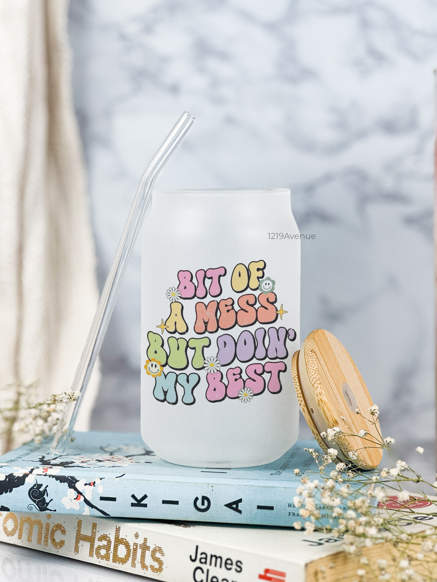 Frosted Can Shaped Sipper 500ml |Bit Of Mess Print| 17oz Can Tumbler with Straw and Lid