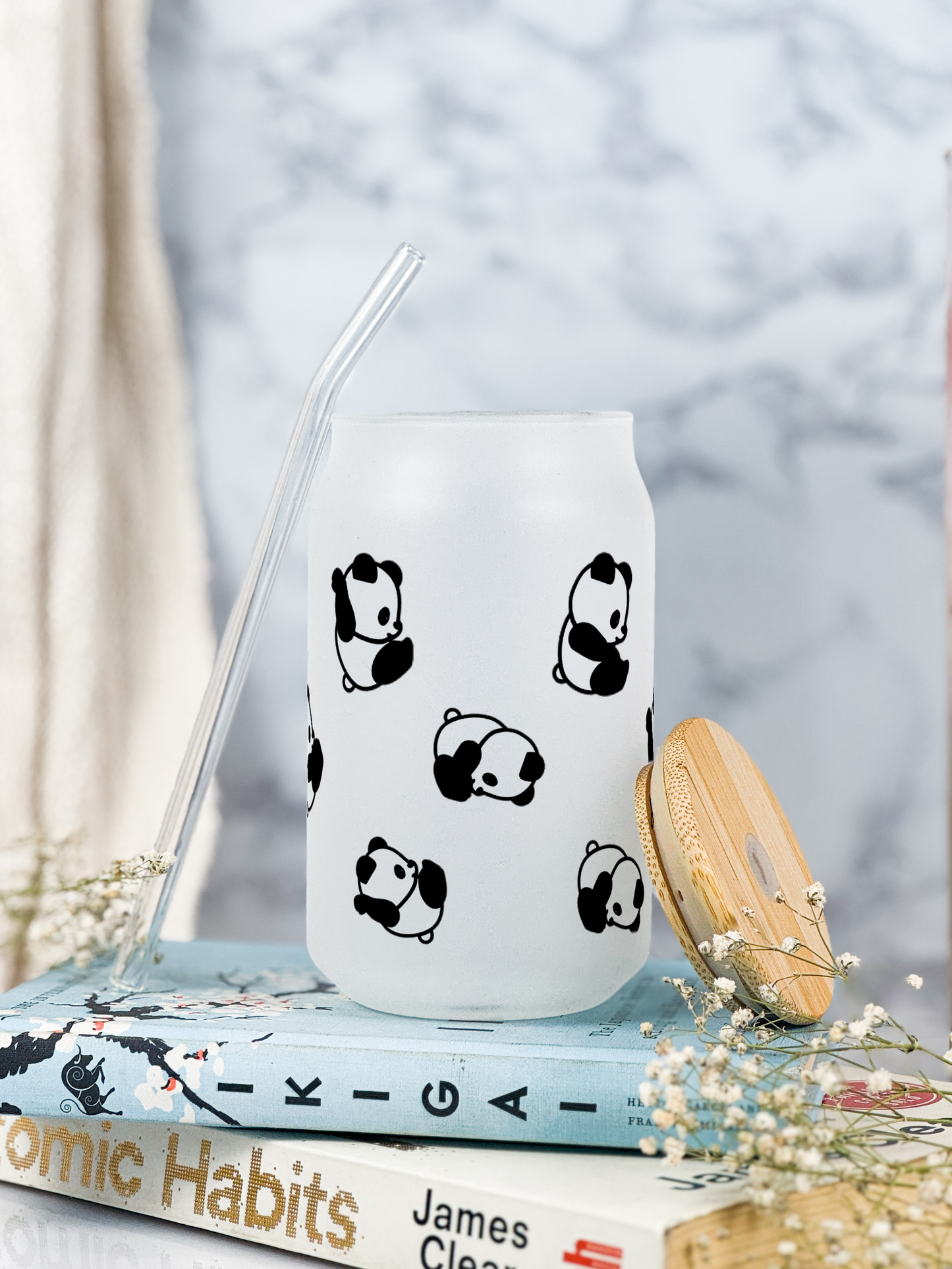 Frosted Can Shaped Sipper 500ml |Panda All Over Print| 17oz Can Tumbler with Straw and Lid