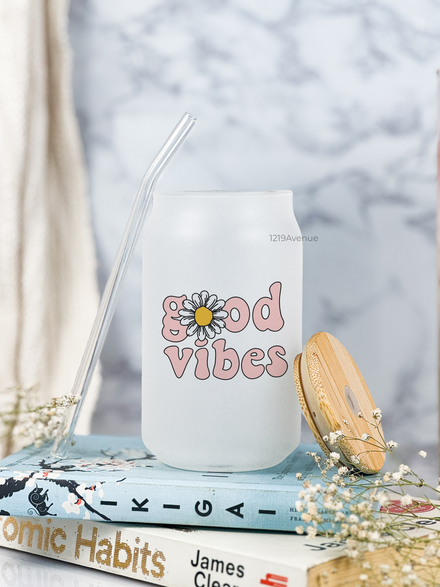 Frosted Can Shaped Sipper 500ml| Good Vibes Print| 17oz Can Tumbler with Lid and Straw