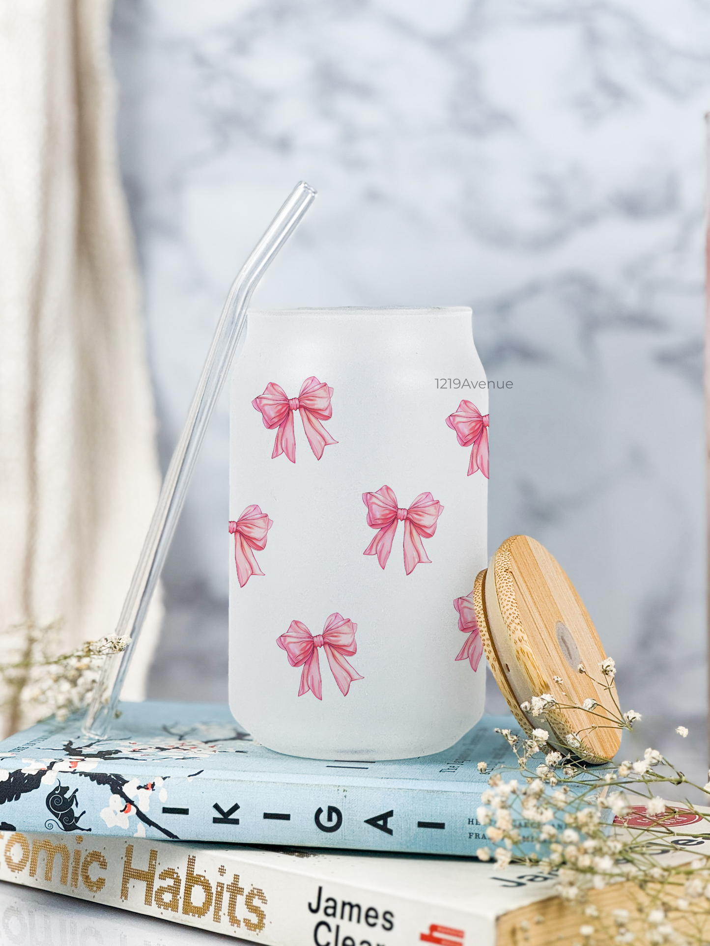 Frosted Can Shaped Sipper 500ml |Bows All Over Print| 17oz Can Tumbler with Straw and Lid