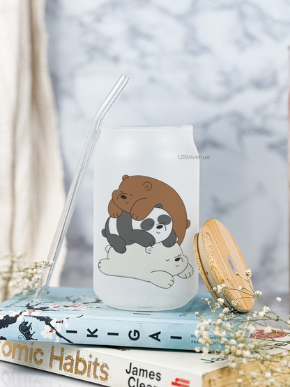 Frosted Can Shaped Sipper 500ml |Bare Bears Print| 17oz Can Tumbler with Straw and Lid