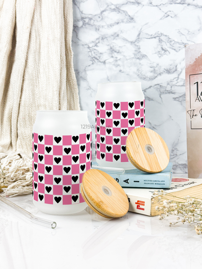 Frosted Can Shaped Sipper 500ml | Checkered Hearts Print| 17oz Can Tumbler with Straw and Lid