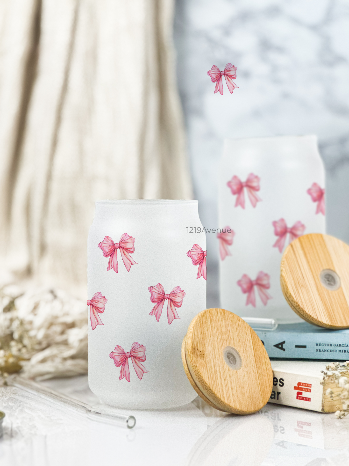 Frosted Can Shaped Sipper 500ml |Bows All Over Print| 17oz Can Tumbler with Straw and Lid