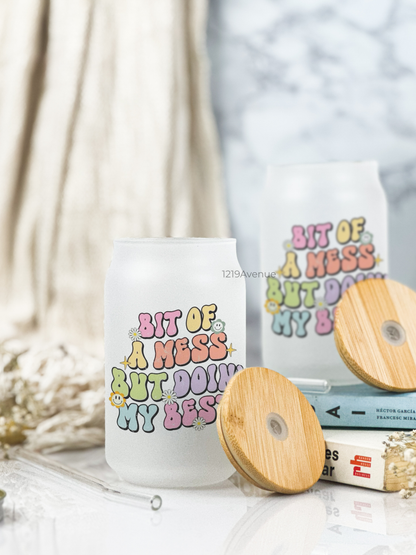 Frosted Can Shaped Sipper 500ml |Bit Of Mess Print| 17oz Can Tumbler with Straw and Lid