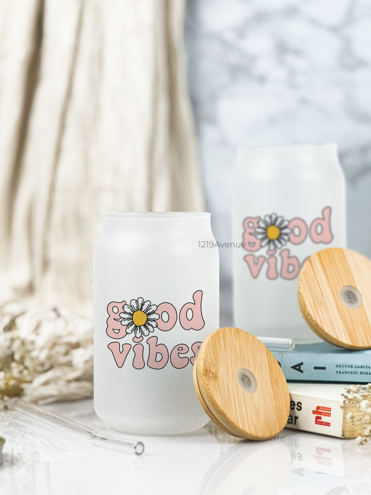 Frosted Can Shaped Sipper 500ml| Good Vibes Print| 17oz Can Tumbler with Lid and Straw