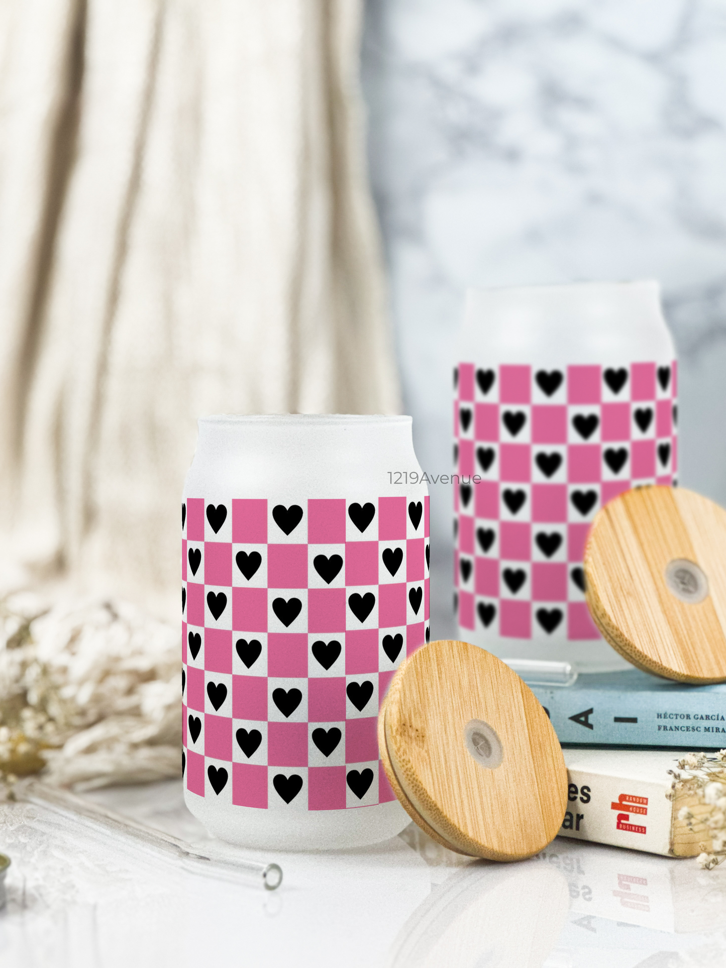 Frosted Can Shaped Sipper 500ml | Checkered Hearts Print| 17oz Can Tumbler with Straw and Lid