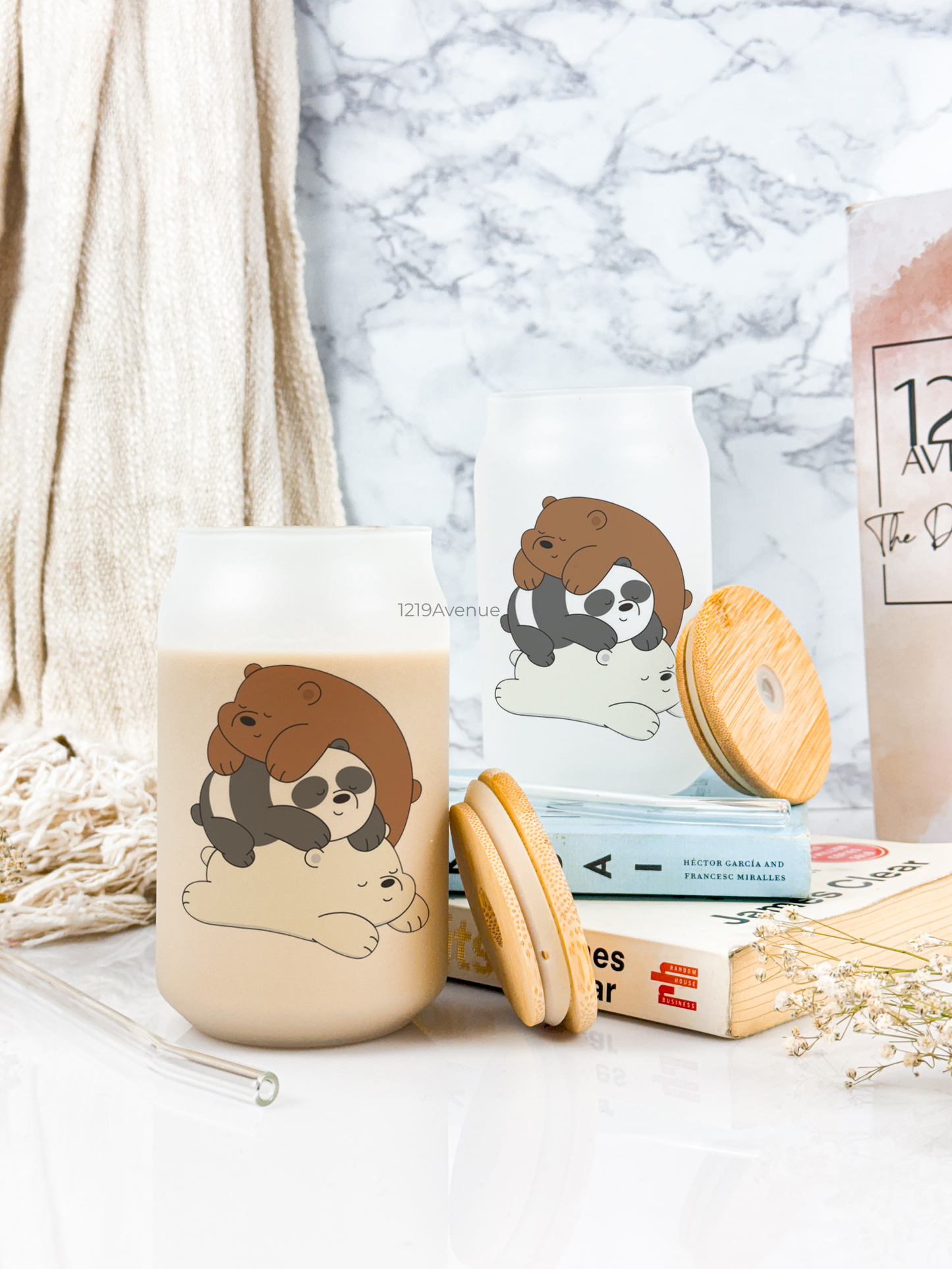 Frosted Can Shaped Sipper 500ml |Bare Bears Print| 17oz Can Tumbler with Straw and Lid