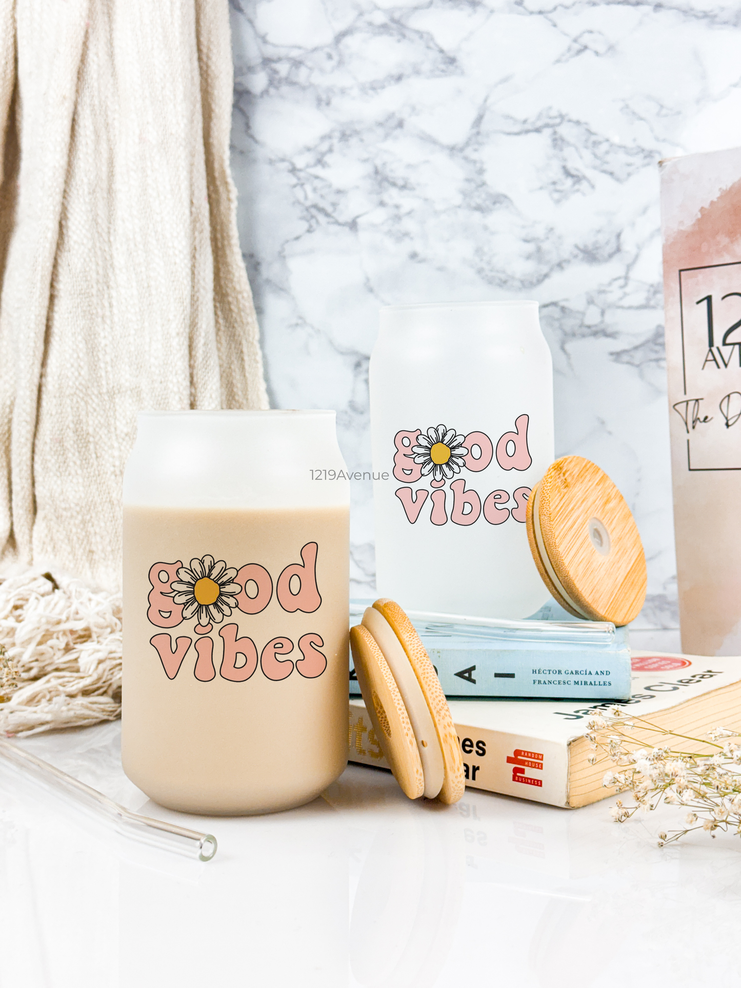 Frosted Can Shaped Sipper 500ml| Good Vibes Print| 17oz Can Tumbler with Lid and Straw