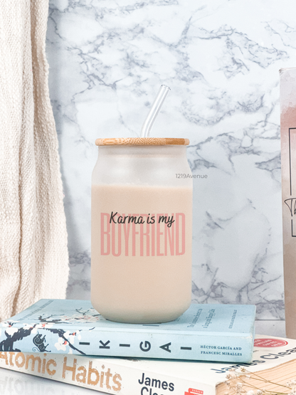 Frosted Can Shaped Sipper 500ml |Karma is my boyfriend Print| 17oz Can Tumbler with Straw and Lid