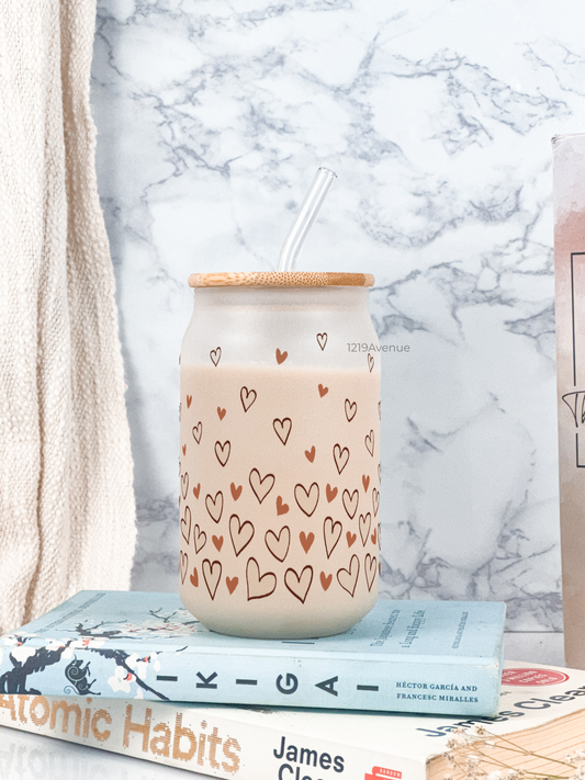 Frosted Can Shaped Sipper 500ml |Confetti Heart Print| 17oz Can Tumbler with Straw and Lid