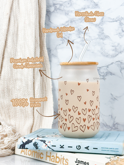 Frosted Can Shaped Sipper 500ml |Confetti Heart Print| 17oz Can Tumbler with Straw and Lid