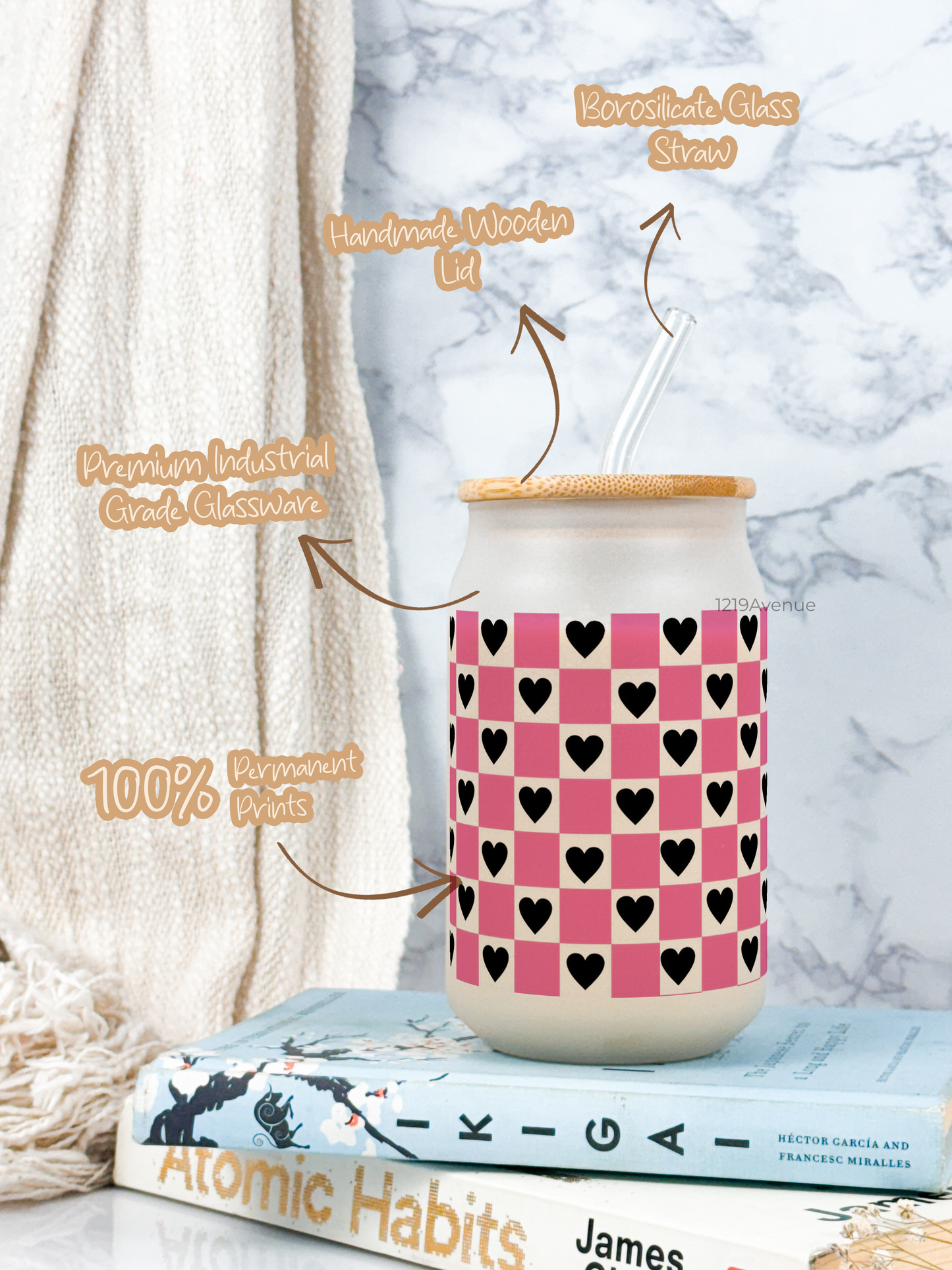 Frosted Can Shaped Sipper 500ml | Checkered Hearts Print| 17oz Can Tumbler with Straw and Lid