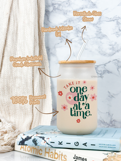 Frosted Can Shaped Sipper 500ml |Take It One Day Print| 17oz Can Tumbler with Straw and Lid