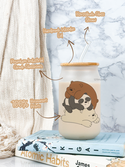 Frosted Can Shaped Sipper 500ml |Bare Bears Print| 17oz Can Tumbler with Straw and Lid