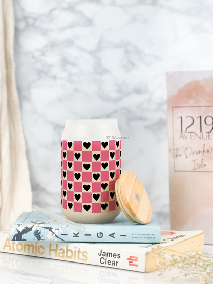 Frosted Can Shaped Sipper 500ml | Checkered Hearts Print| 17oz Can Tumbler with Straw and Lid