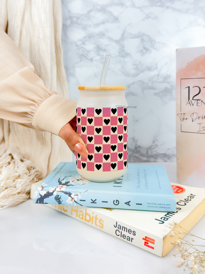 Frosted Can Shaped Sipper 500ml | Checkered Hearts Print| 17oz Can Tumbler with Straw and Lid