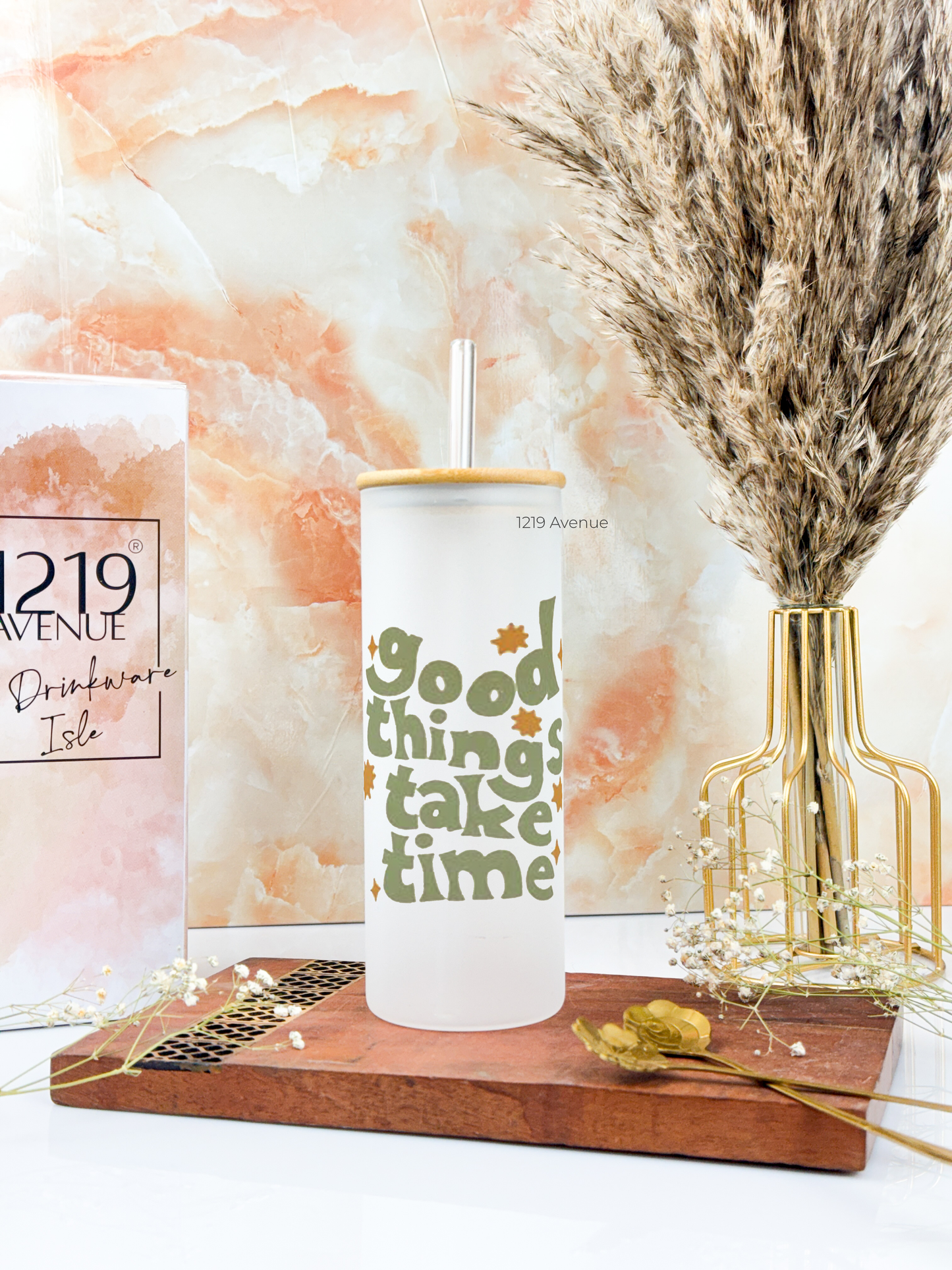 Frosted Grande Sipper 650ml| Good Things Take Time Print| 20oz Tall Tumbler with Straw and Lid